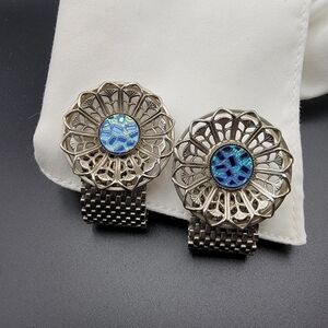 VINTAGE 60s/70s Silver-tone Cufflinks featuring Blue Peacock center by Envoy